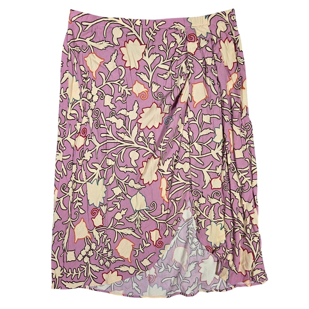 Knox Rose Womens XL Purple Floral Wrap Front Tulip Midi Skirt Elastic Back Rayon